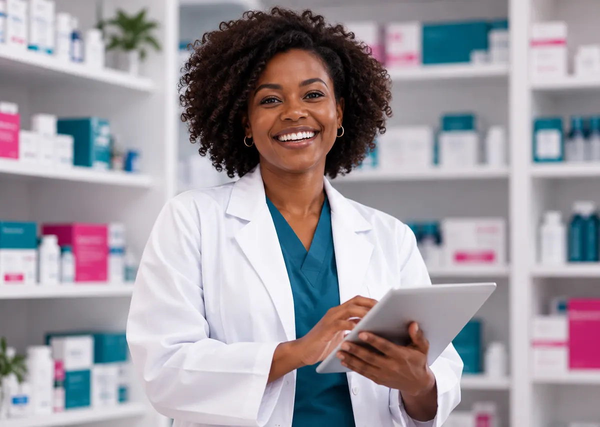 Farmacêutica sorrindo em uma farmácia
