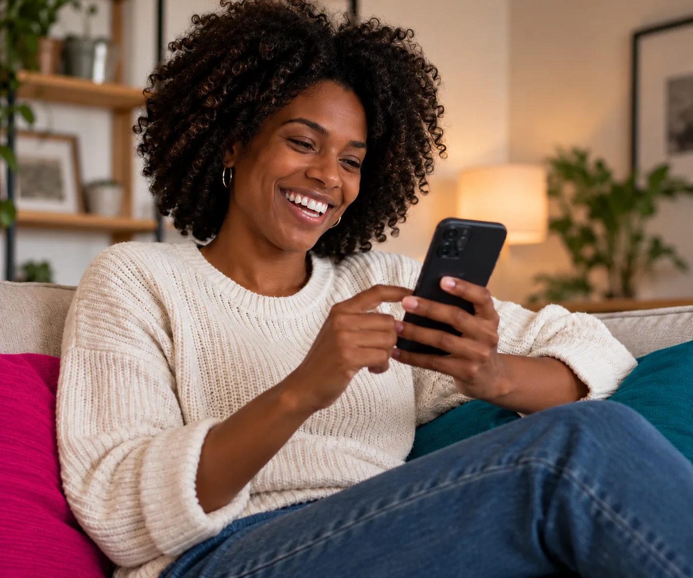Mulher sorrindo enquanto usa o celular sentada em casa